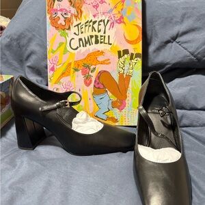 Jeffrey Campbell Black Leather Bourdin Mary Jane Block Heel Pumps